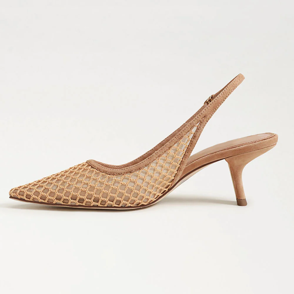 Elegant Mesh Pointed Toe Chunky Heel Slingback Pumps Shoes in Nude