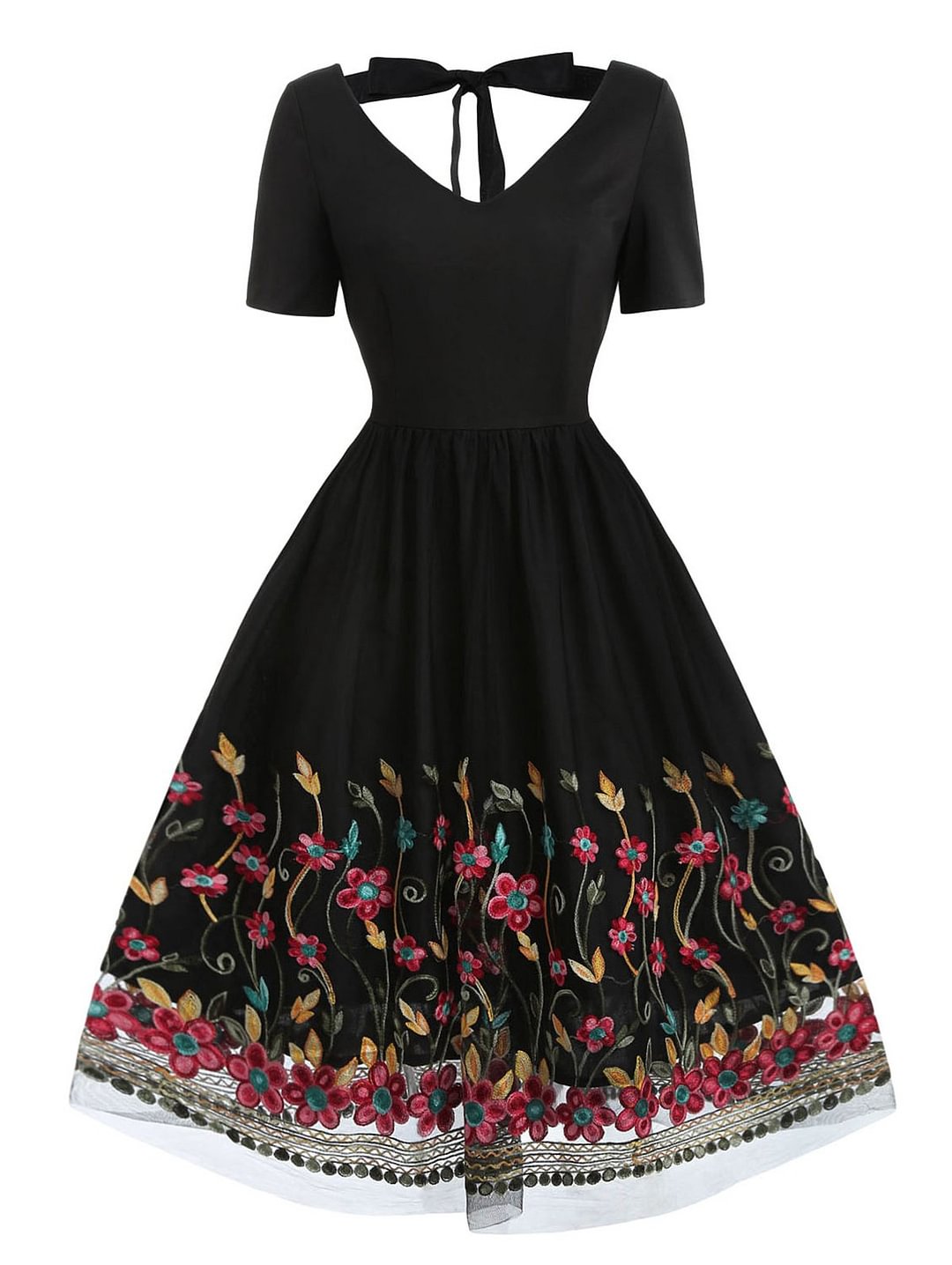 1950s V Neck A-Line Embroidery Halter Dress