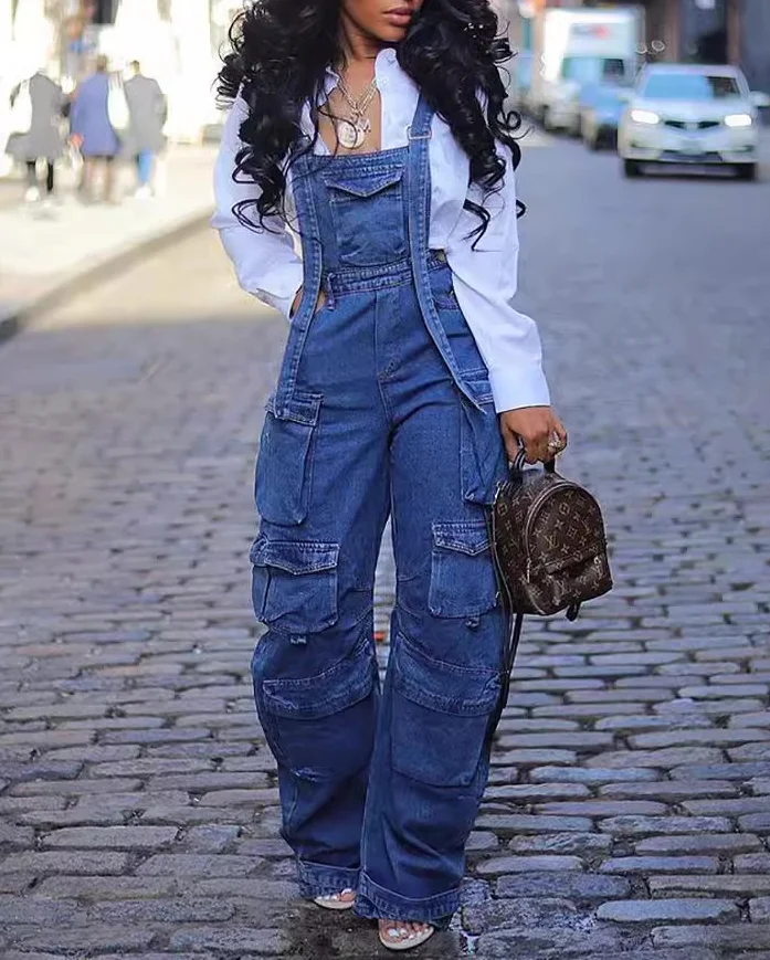 Women's Loose Denim Suspenders Street Fashion Multi-pocket Jumpsuit