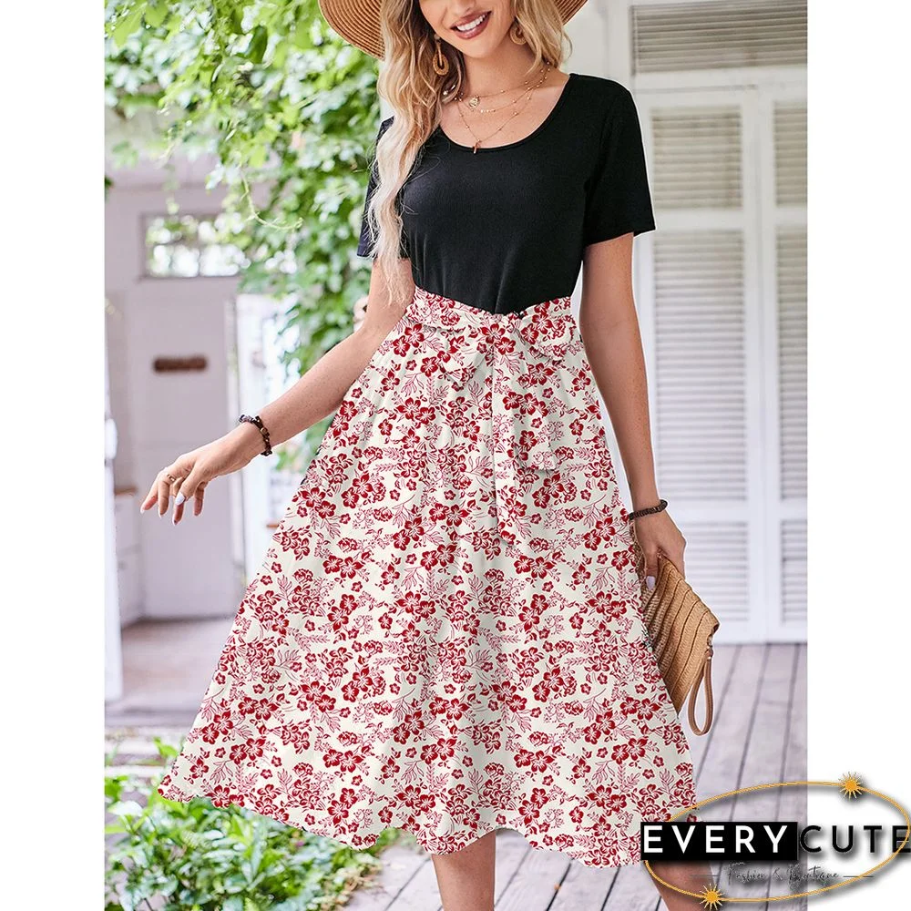 Pink White Floral Print Spliced Short Sleeve Dress