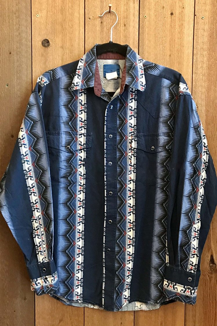 Casual Blue Gradient Western Print Shirt