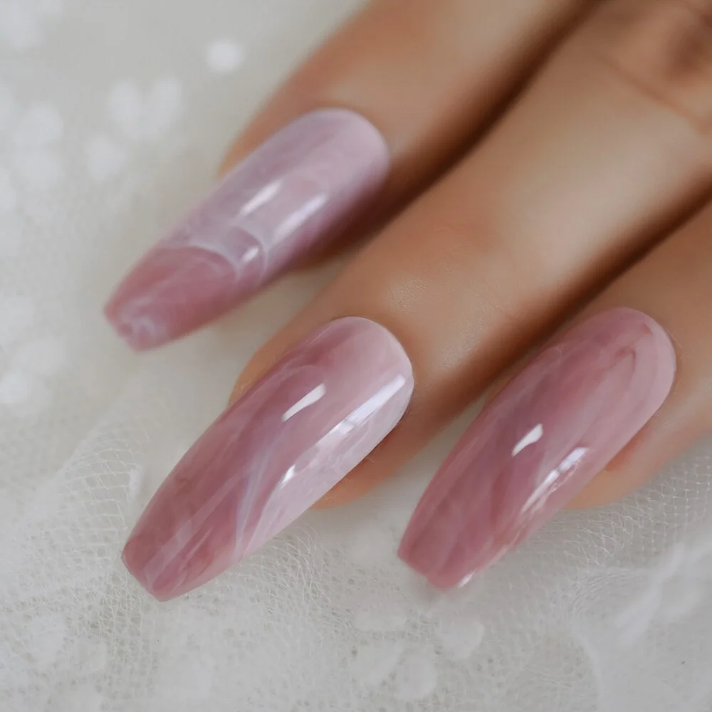 Rose Pink Extra Long Coffin Shape False Nails UV Shine Surface Neon Solid Color Acrylic Artificial Nail Tips 24-Nail Inspo