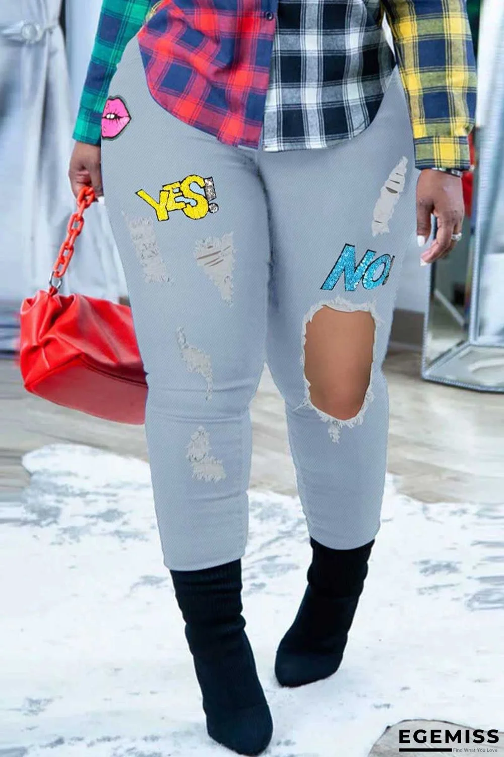 Light Blue Casual Street Print Ripped Patchwork Plus Size Jeans | EGEMISS