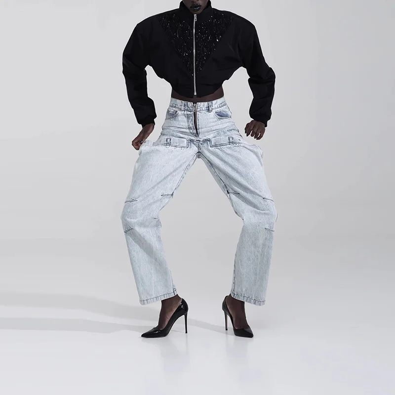 Woherb Woherb Casual Mid-Waist Zip, Faded Women's Light Color Casual Jeans-Outfit Ideas
