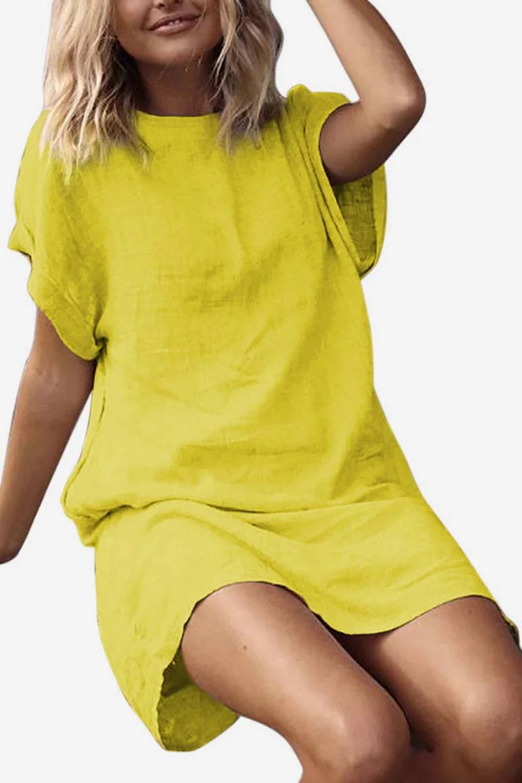 Round Neck Irregular Short Sleeve Linen Casual Mini Dress