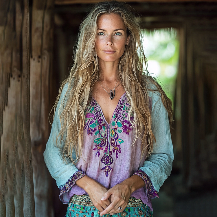 VChics Boho Floral Tribal Embroidery Print Cotton And Linen Blend Loose Blouse