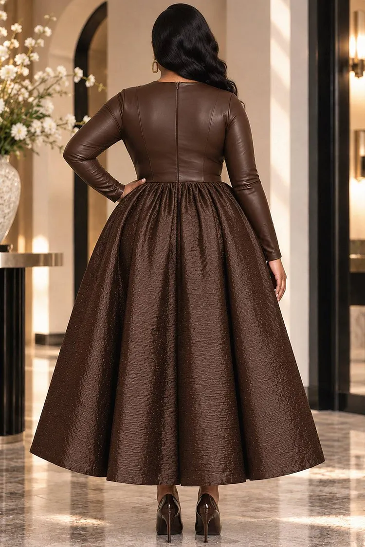 xpluswear cocktail & party dresses Design Plus Size Black Round Neck Long Sleeve Pocket Contrast PU Leather Midi [Pre-Order] Tulle Material:100% organic cotton waffle Satin Lining Best Sellers NH Week 43 Horse Race Pretty Woman