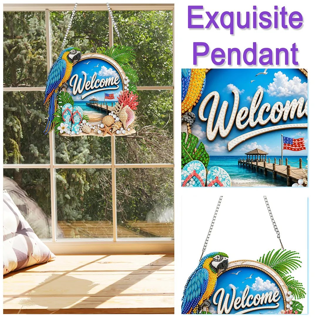 Parrot Beach Welcome Sign 2D Flat DIY PET Diamond Painting Pendant Special Shape Hanging Gem Art Paintings Charm Single Side Drill for Adults Home Wall Window Decor