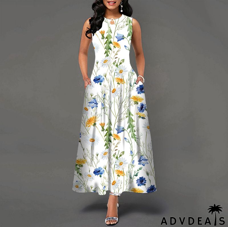 Women Fashion Plus Size Graphic Printing Sleeveless Swing Dress