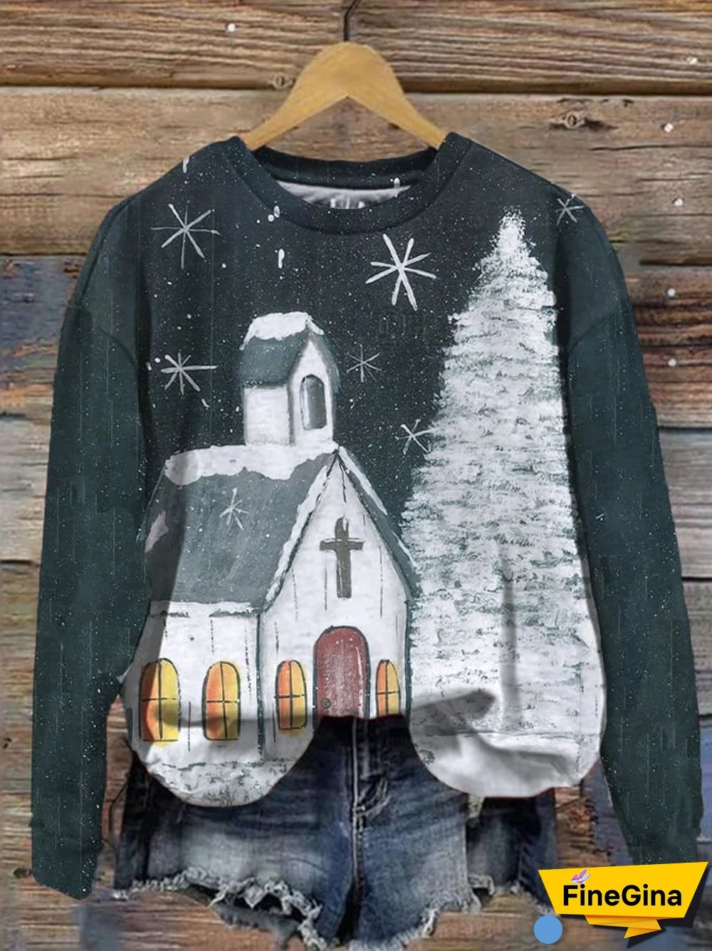 Women's Church Christmas Tree Print Crewneck Sweatshirt