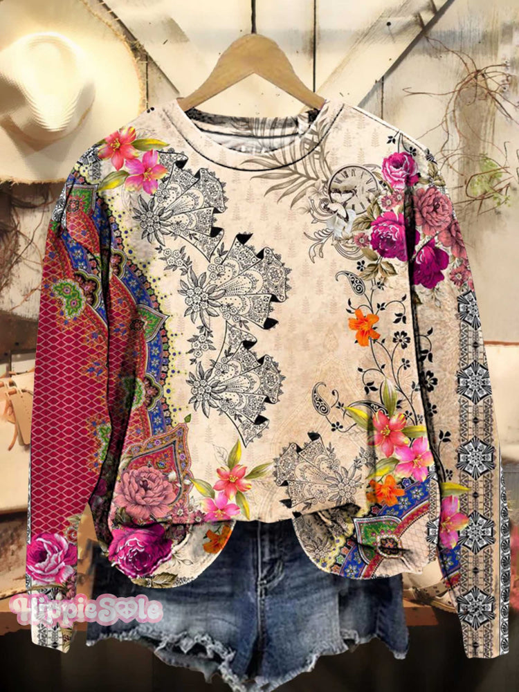 Retro Ethnic Floral Pattern Casual Sweatshirt Multicolor / S