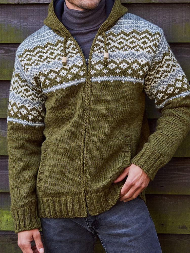 Comstylish Mens Vintage Fair Isle Knitted Hooded Cardigan