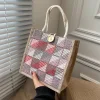 Casual Plaid Canvas Linen Lunch Shopping Bag