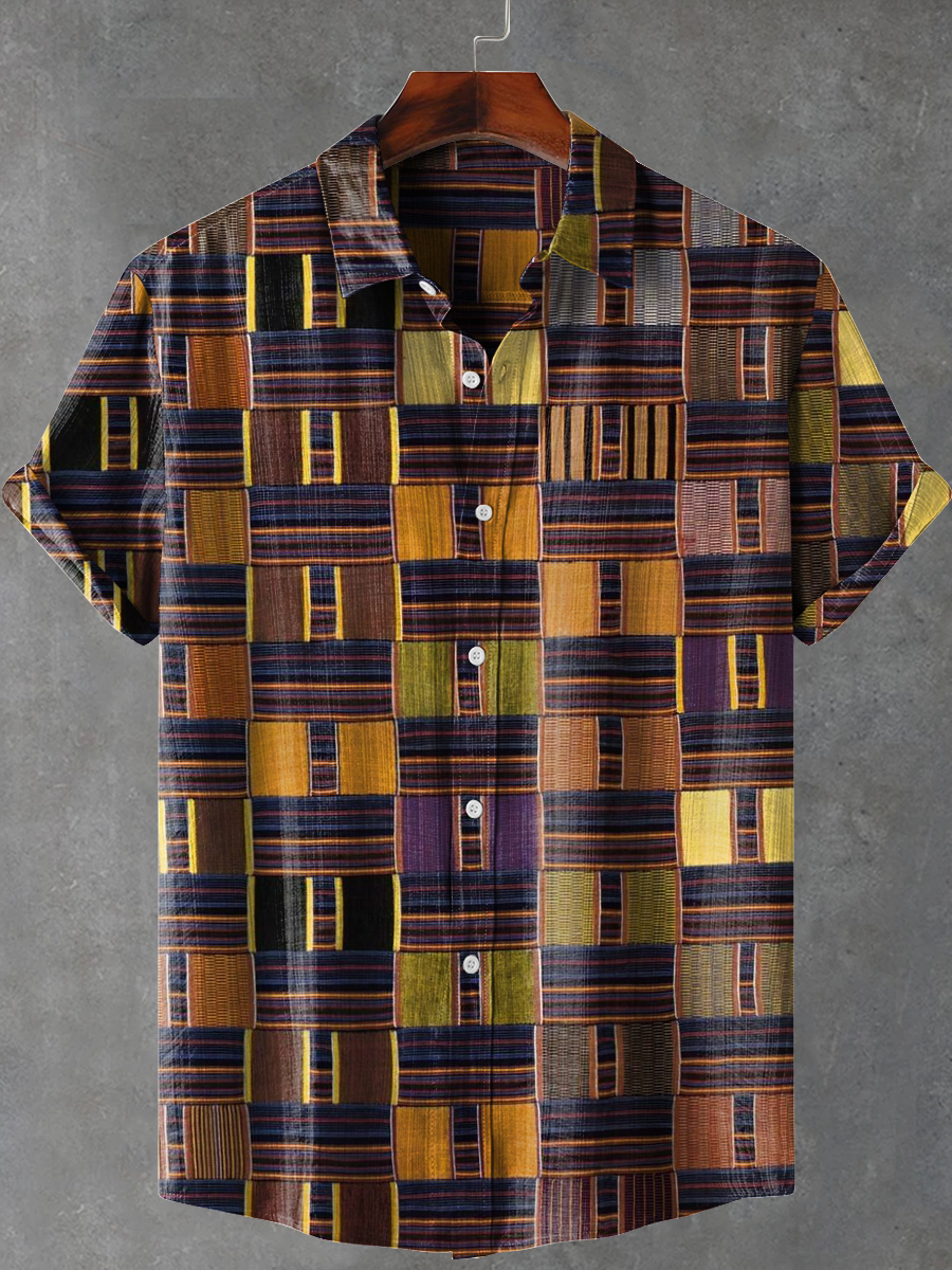 Retro Geometric Stripes Art Print Casual 100% Cotton Shirt