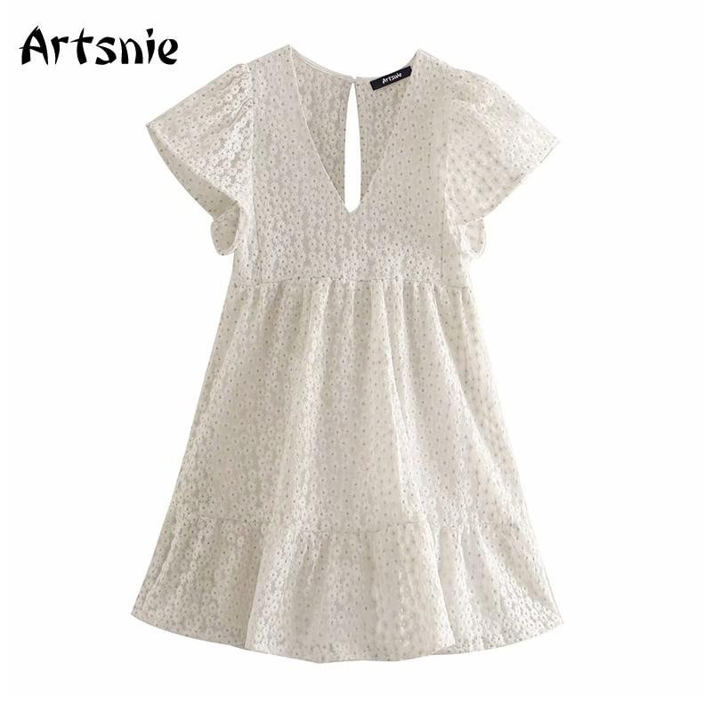 Artsnie mesh floral embroidery playsuits women summer v neck short sleeve jumpsuits vintage casual high waist rompers overalls