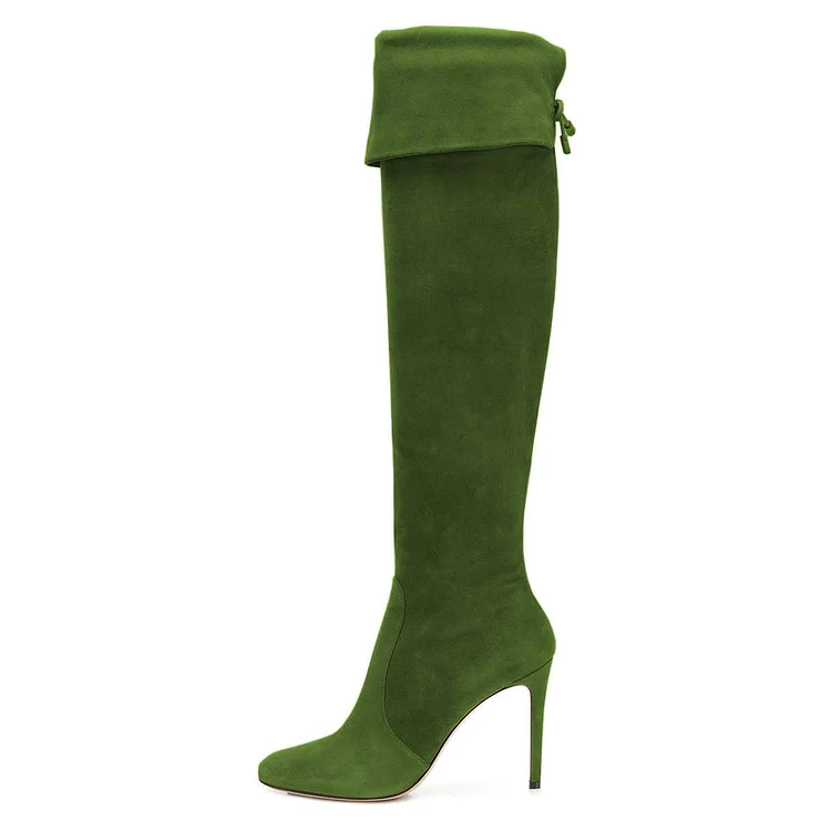 Bottes vert foncé à talons aiguilles et genou Flusfy