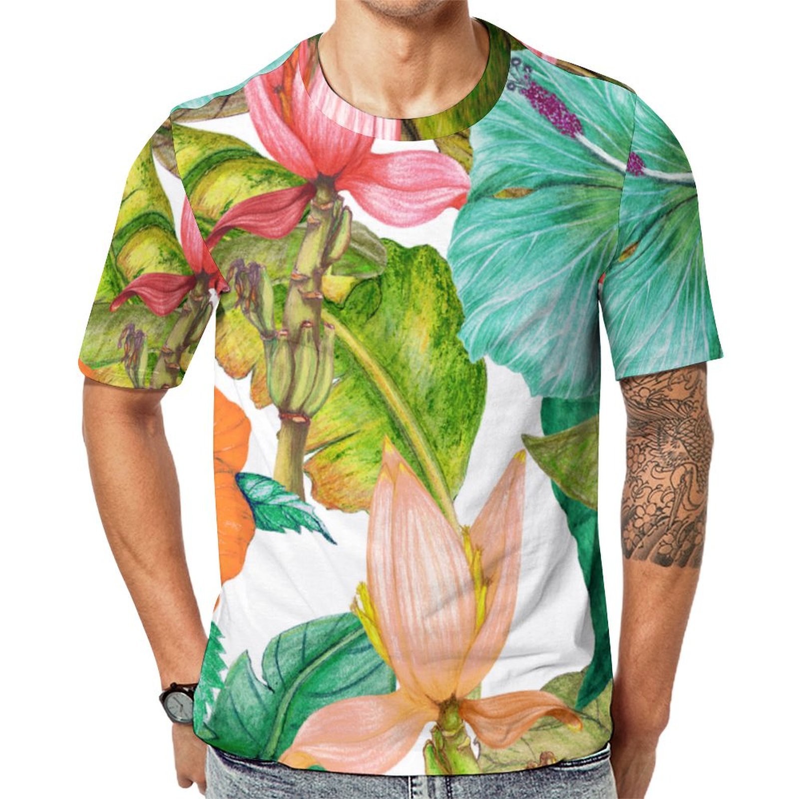 Hawaiian Paradise Tropical Hibiscus Floral Short Sleeve Print Unisex Tshirt Summer Casual Tees for Men and Women Coolcoshirts