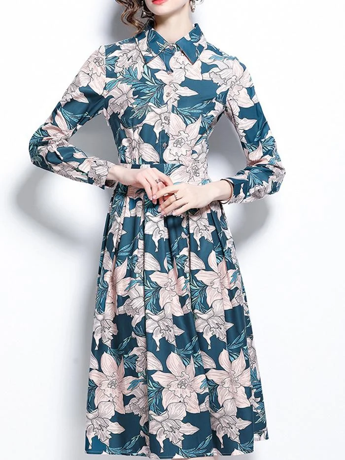 Fashion Lapel Printed Long Sleeve Dress