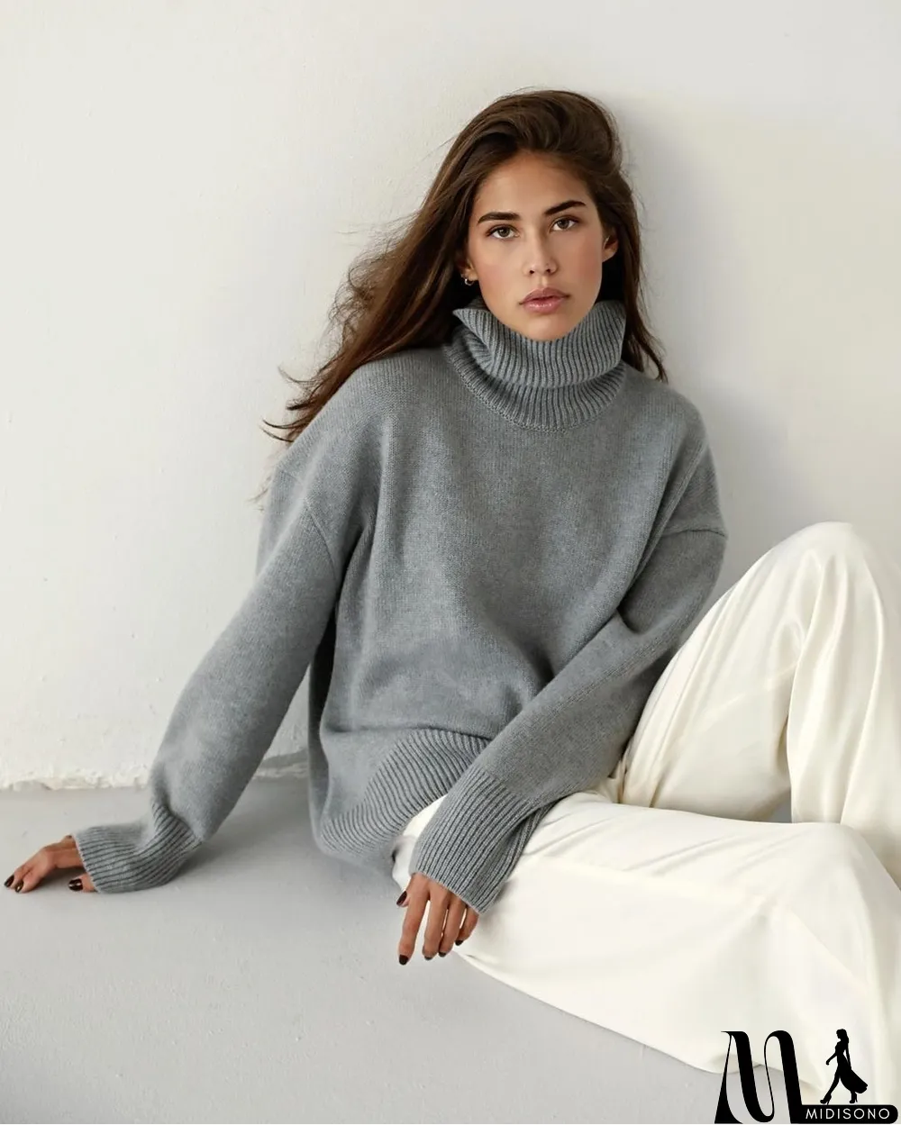MidiSono - Winter Solid Plain Turtleneck Pullover Loose Sweater