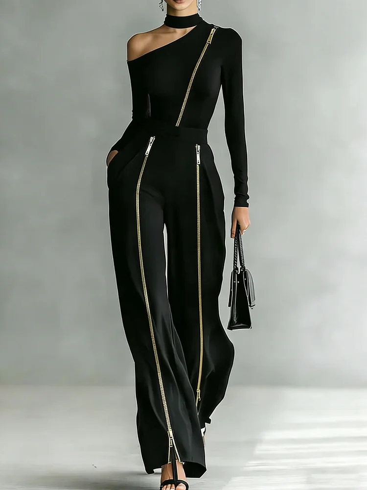 Urban minimalist irregular off-shoulder zipper set
