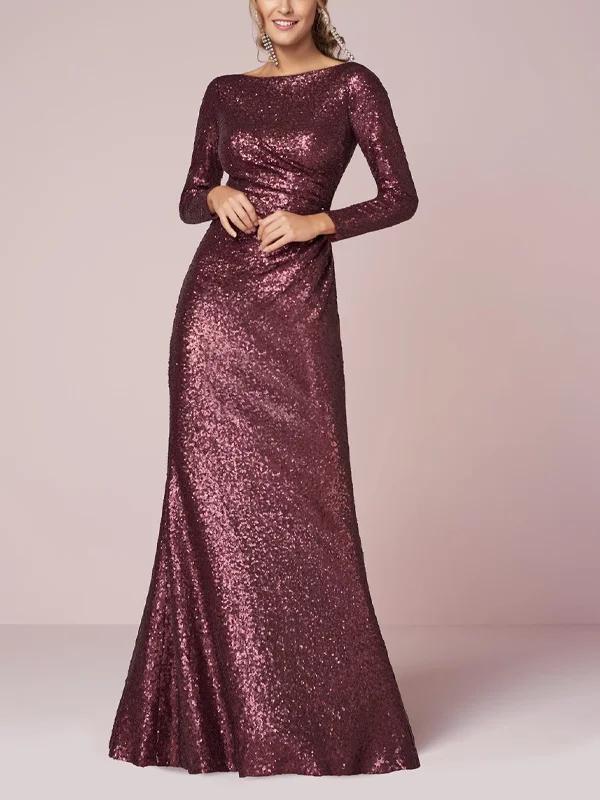 Round Neck Sequined Long Sleeve Solid Color Maxi Dress