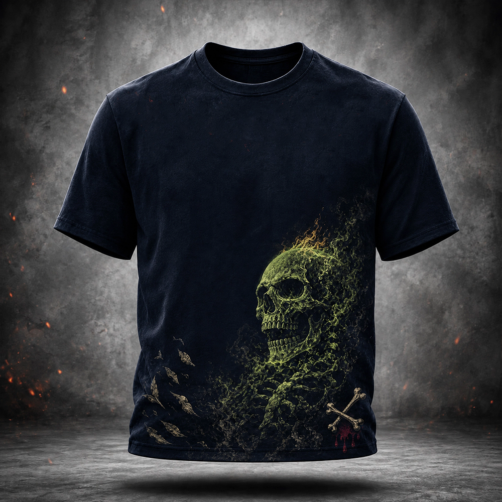 Men's Gothic Graphic T-shirt - Flaming Green Skull And Crossbones Print Casual Tee artswardrobe
