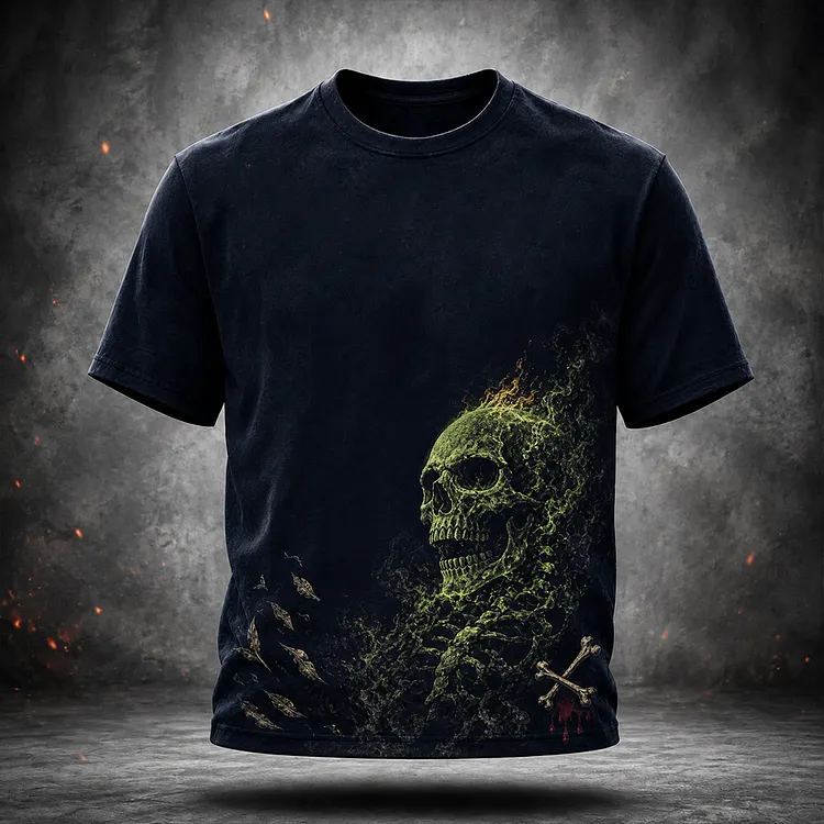Men's Gothic Graphic T-shirt - Flaming Green Skull And Crossbones Print Casual Tee