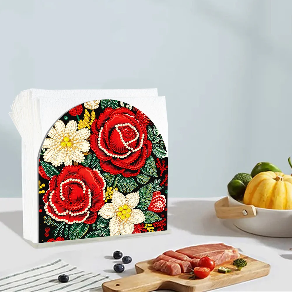 5D DIY Christmas Red Roses Acrylic Diamond Art Painting Napkin Holder Set