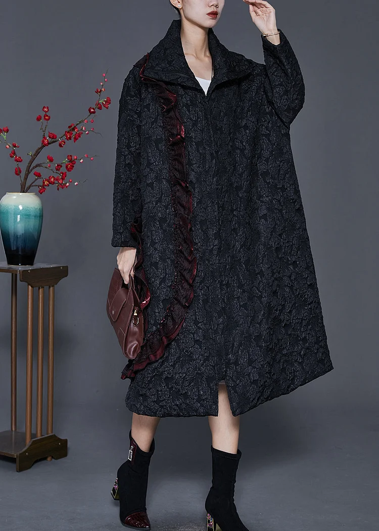 French Black Ruffled Patchwork Jacquard Fine Cotton Filled Trench Spring