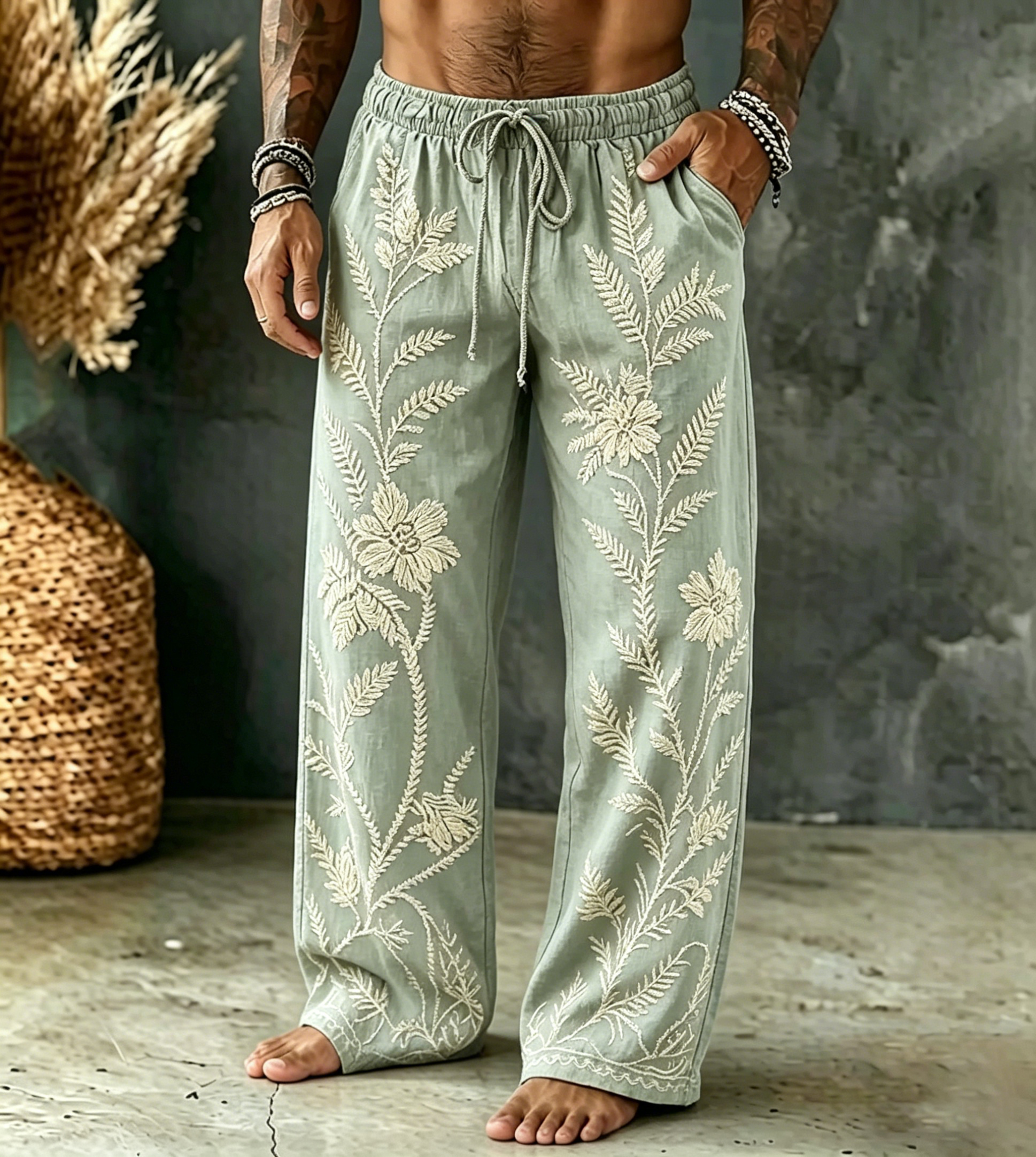 Comstylish Men's Vintage Spring Floral Embroidered Art Print Flowy Linen Blend Casual Pants