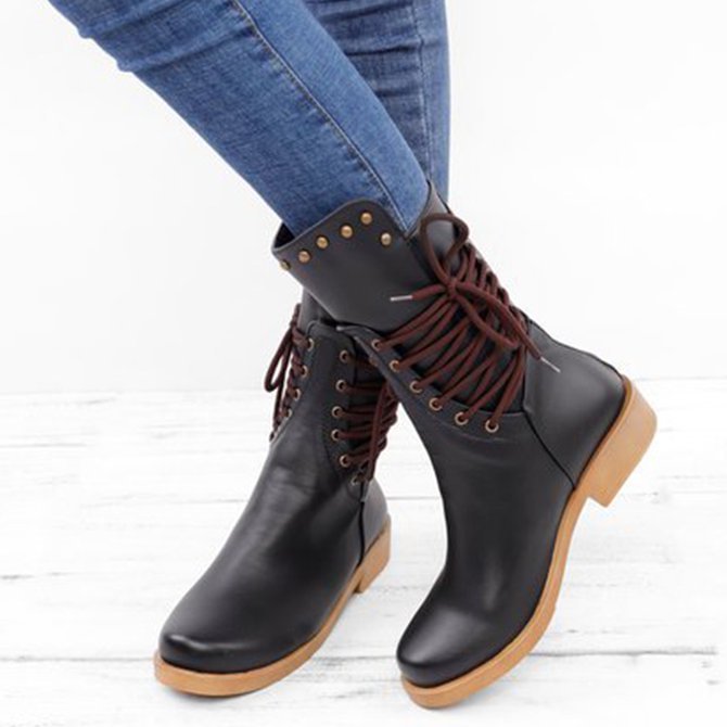 Back Zipper Vintage Boots Lace-Up Holiday Mid-calf Boots Zaesvini