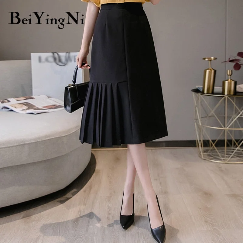 Beiyingni High Waist Elegant 2020 Summer Long Pleated Midi Skirt Woman Solid Color Office Work Wear Irregular Maxi Black Skirts