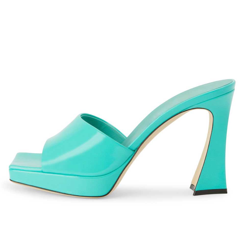 Fashion Turquoise Square Toe Flared Heel Platform Mules for Women Nicepairs