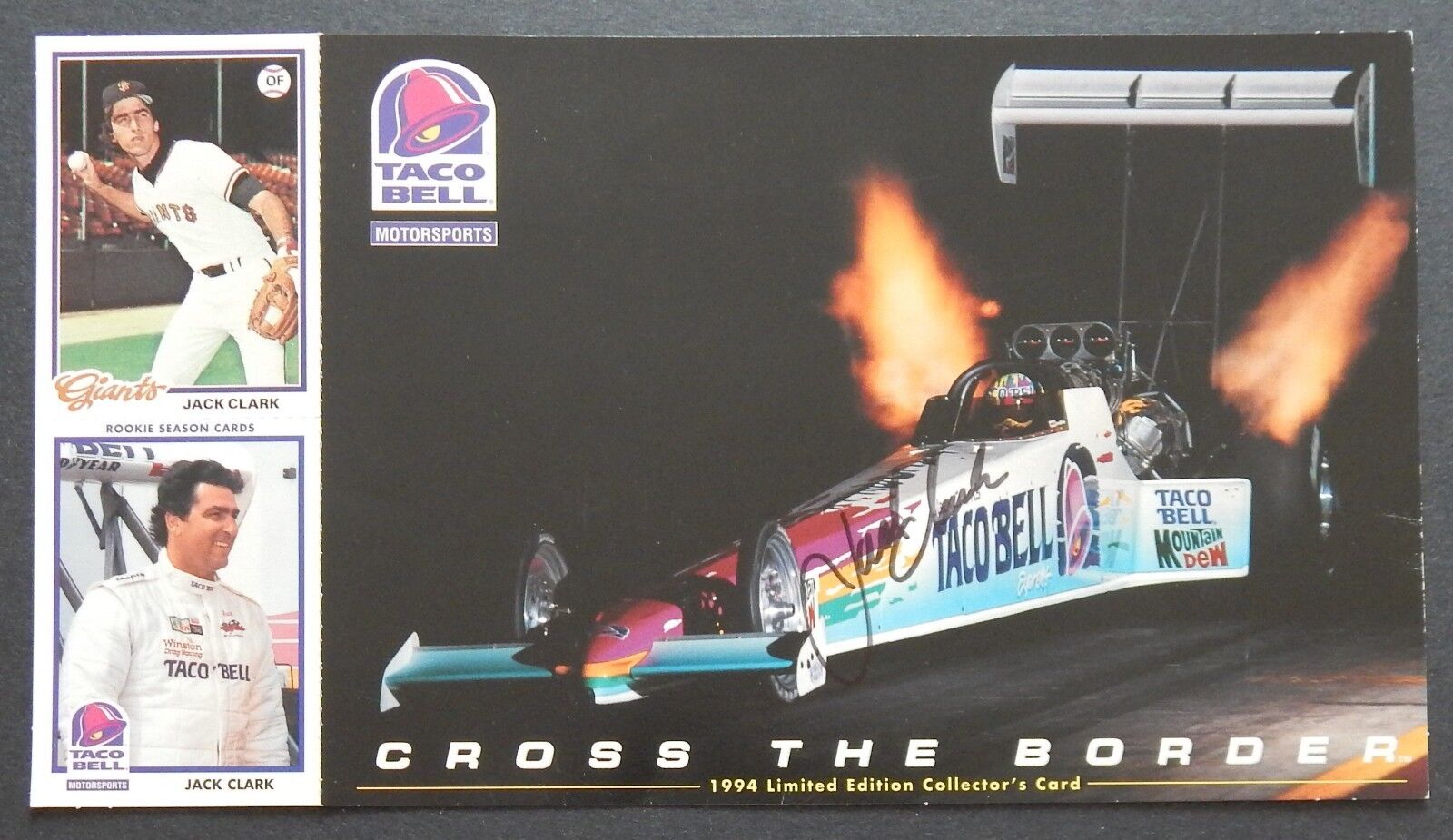 Jack Clark Autograph on 7x12 Taco Bell Drag Race Car Photo Poster painting W/rc Season Cards