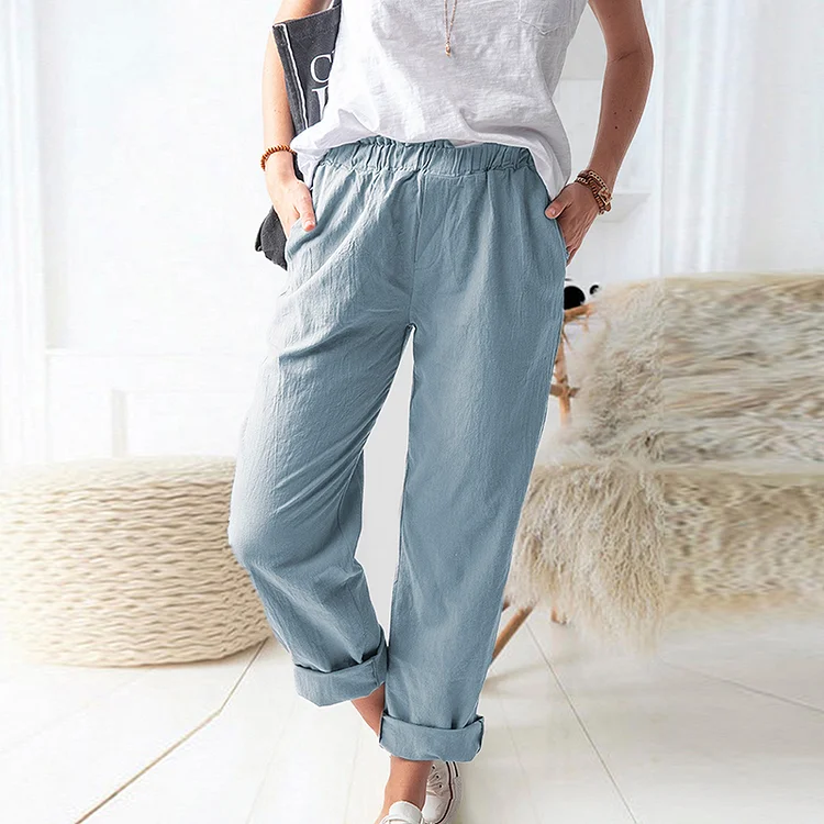 Women'S Solid Color Pocket Cotton And Linen Comfort Pants