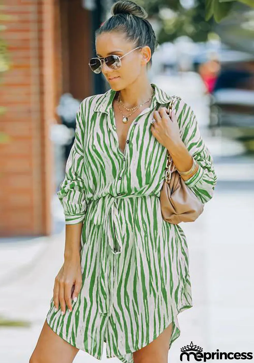 Women Spring Green Turn-down Collar Full Sleeves Striped Print Belted Mini Loose Casual Dress