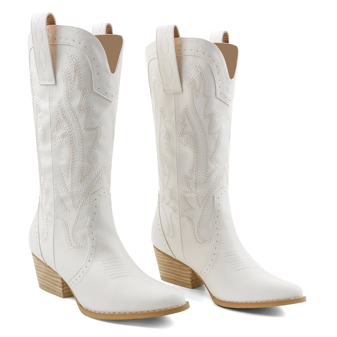 2" Women's Pointed Toe Embroidered Cowboy Boots Vintage Style Western Cowgirl Boots-MERUMOTE