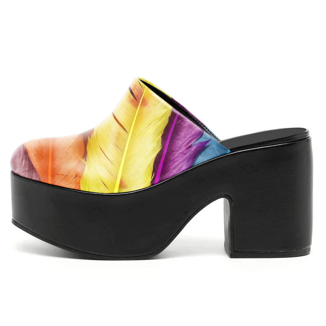 Multicolor Feather Print Block Heel Platform Mules with Round Toe