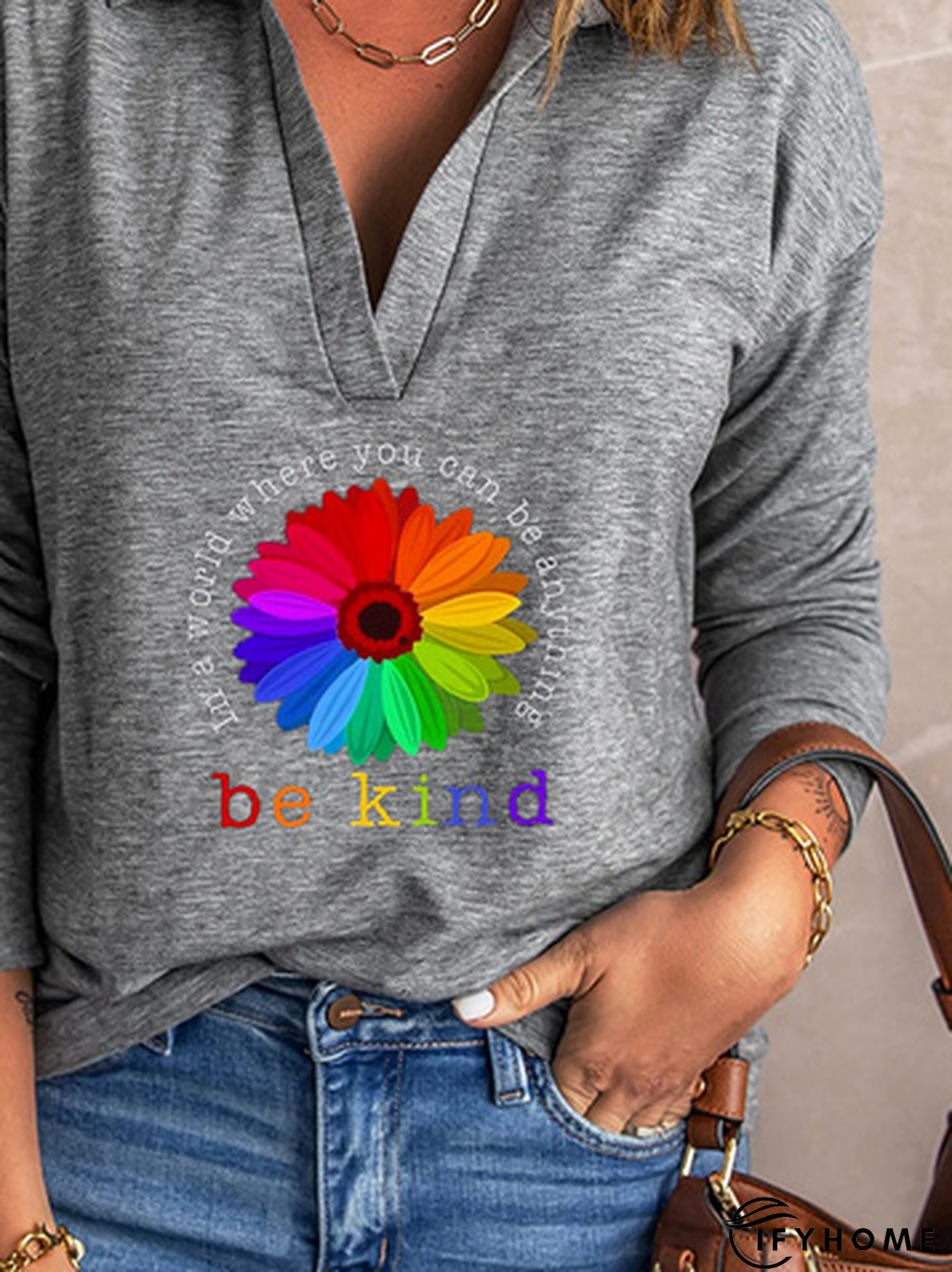 Be Kind Daisy Long Sleeve Shawl Collar Casual T-Shirt | IFYHOME