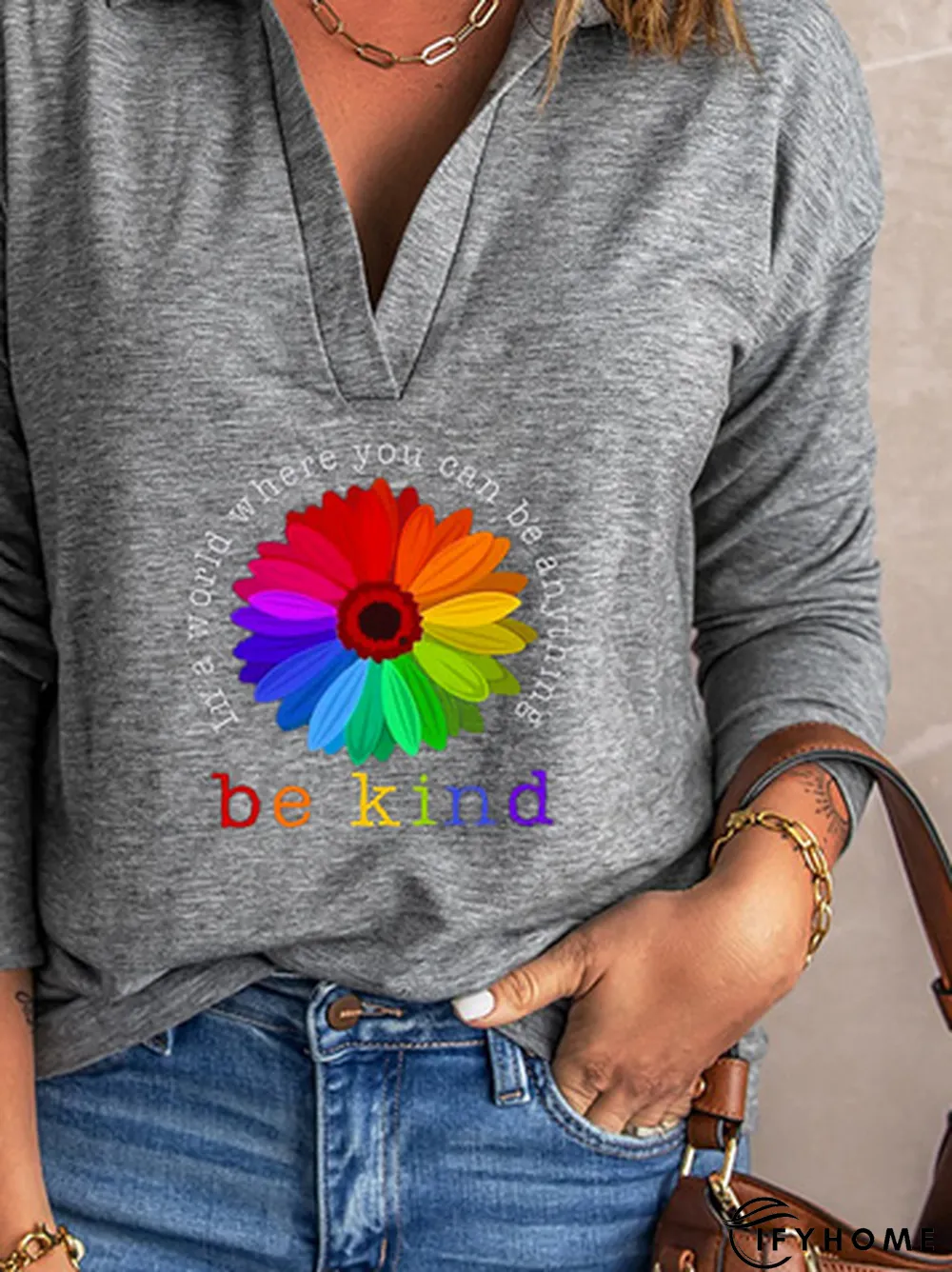 Be Kind Daisy Long Sleeve Shawl Collar Casual T-Shirt | IFYHOME
