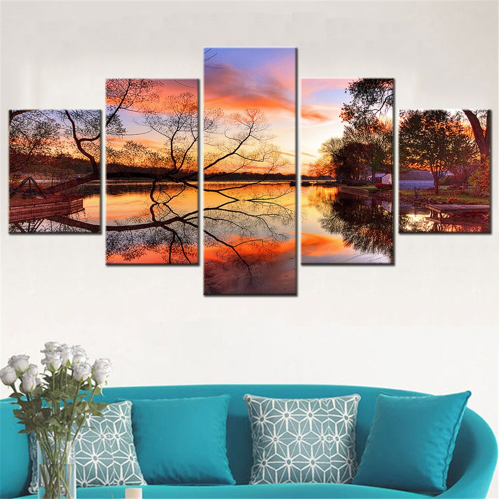 5 Piece Wall Art Canvas Set Sunset Lake Landscape Painting Aesthetic Room Decor Poster Modular Bedroom Decoration Canvas Picture