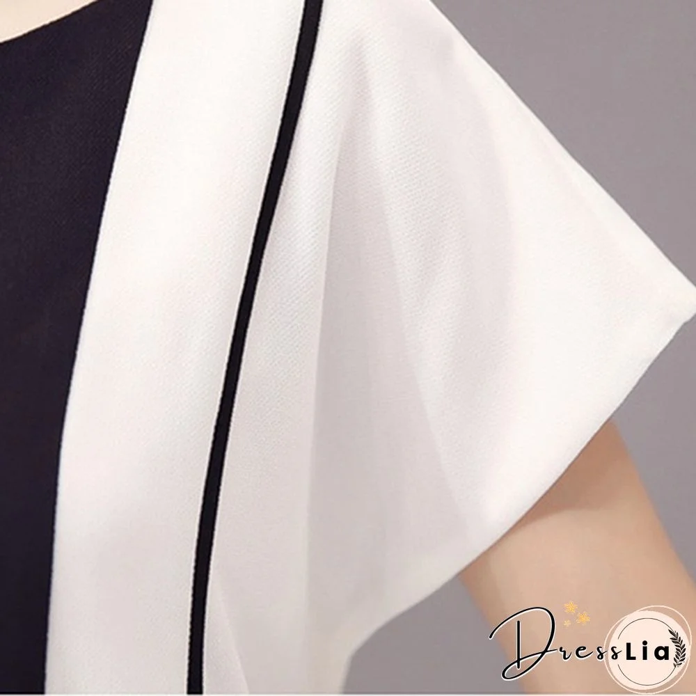 Summer Women Fashion Chiffon Mini Dress Black White Short Sleeve O-Neck Dress