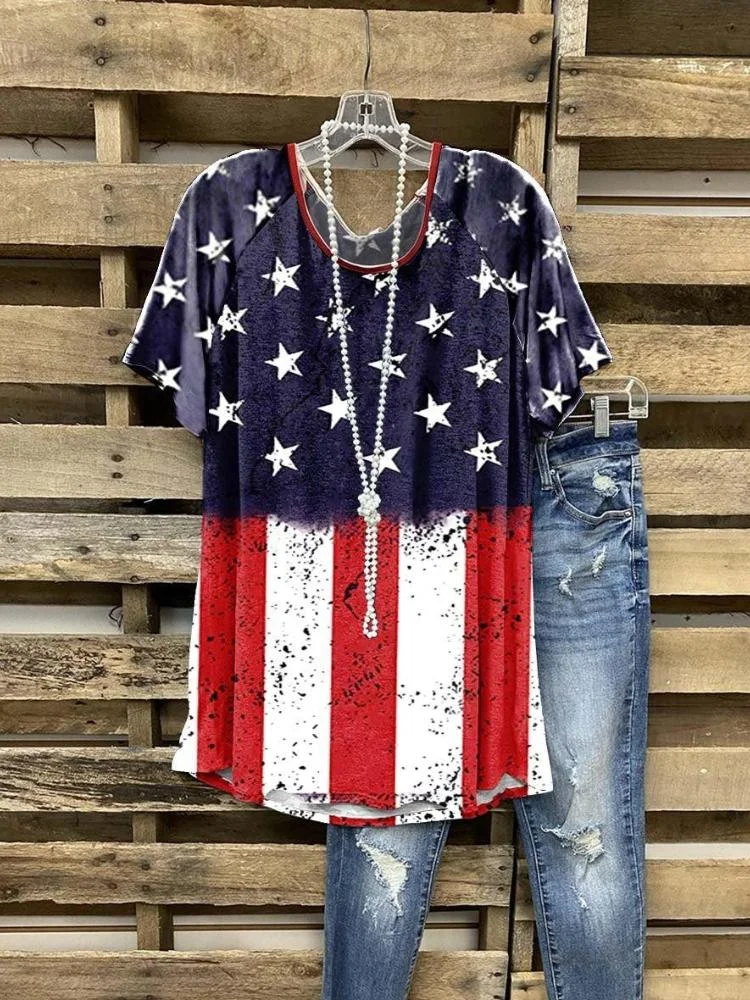 Women's Holiday Flag Stripe V-neck Short Sleeve