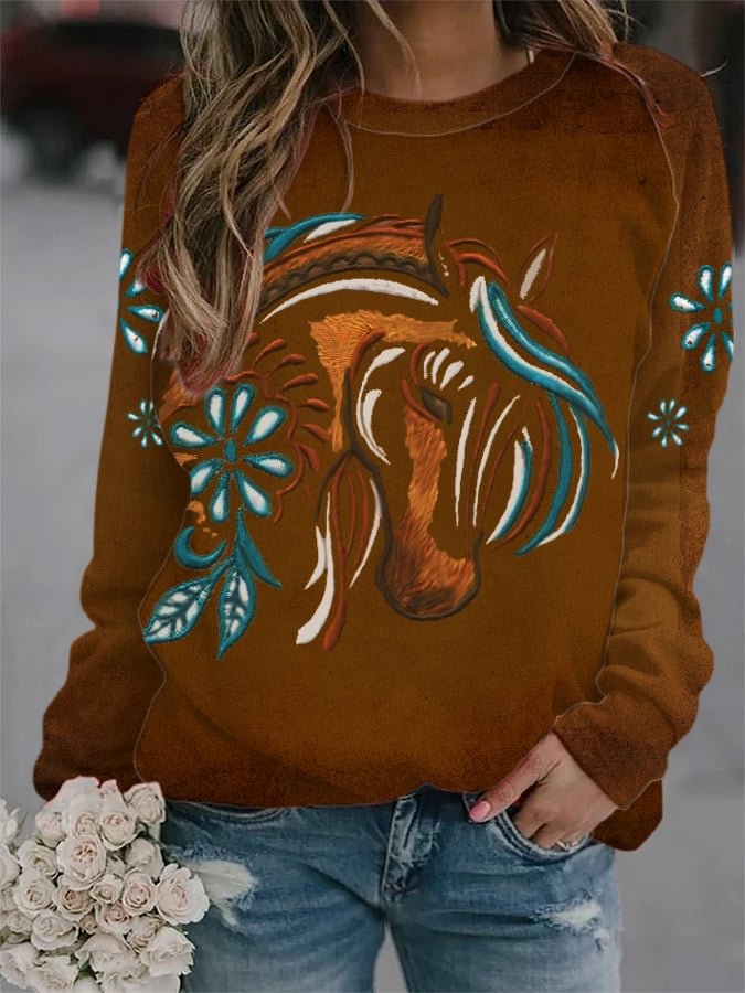 Women's Western Vintage Horse Print Sweatshirt