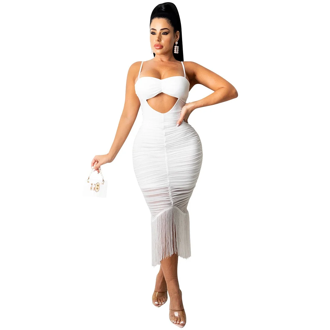 CM.YAYA Women Midi Dress Solid Sleeveless Strap Slash Neck Cut Out Tassel Stretchy Dresses Sexy Fashion Outfits Summer 2021