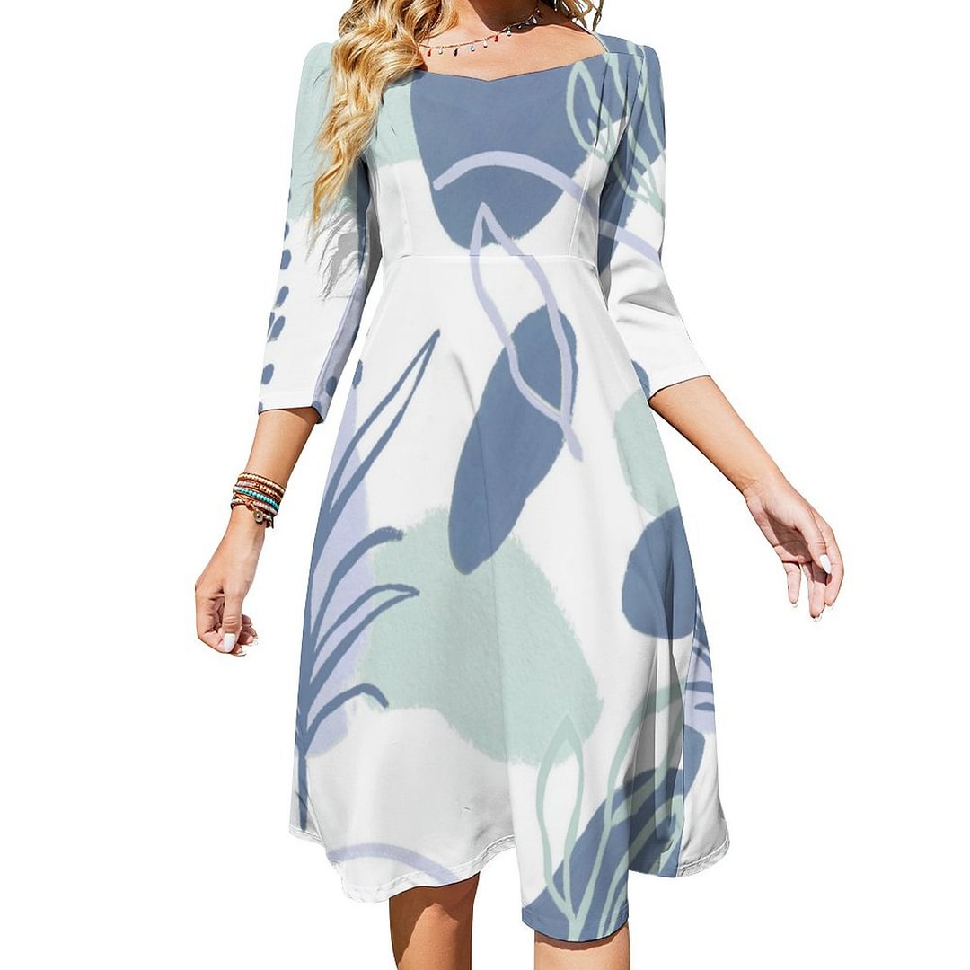 Artsy Flower Abstract Lilac Periwinkle Sage Mint Dress Sweetheart Tie Back Flared 3/4 Sleeve Midi Dresses