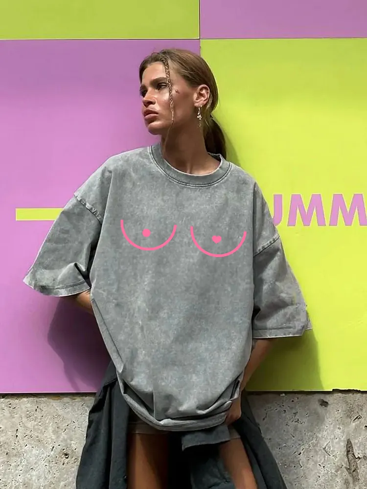 Summer Cotton Washed T Shirts Women Heart Funny Graphic T-Shirt Y2k Loose Casual Retro Short Sleeve Tee Hip Hop Streetwear 