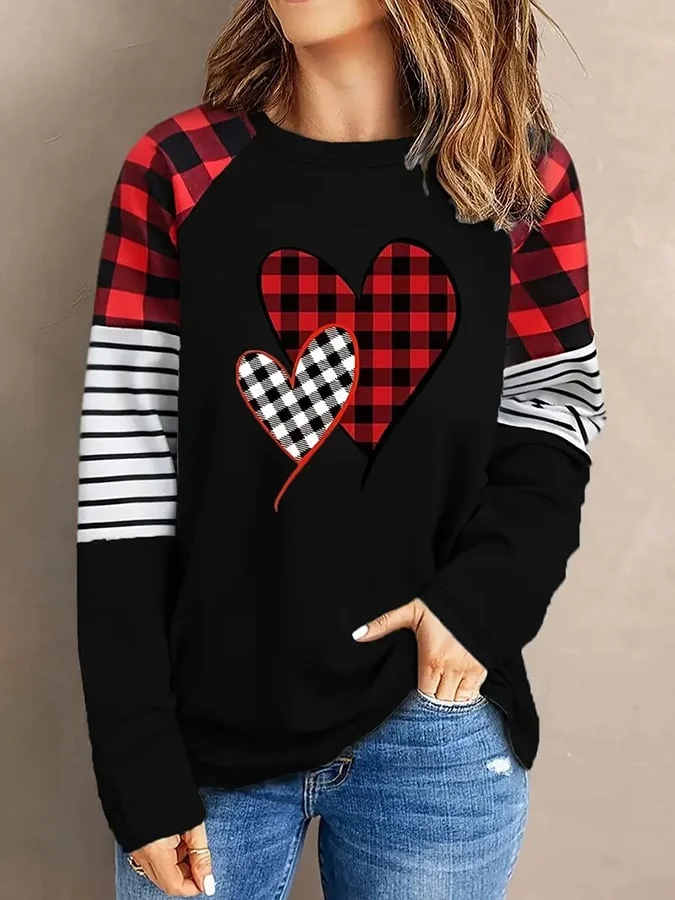 Women's Valentine's Day Check Heart Print Sweatshirt