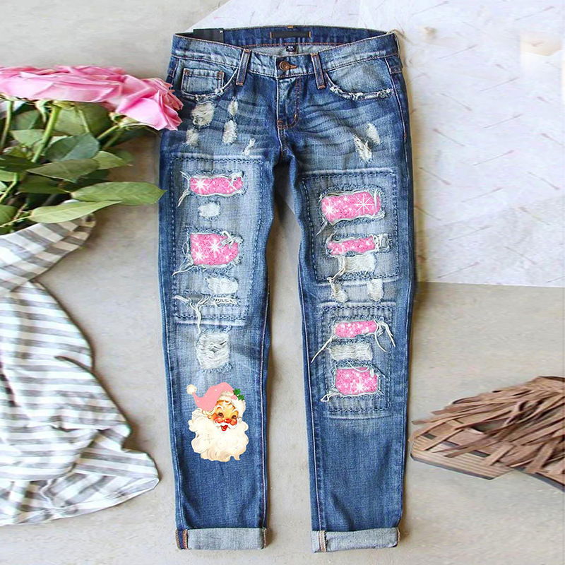 Shredded Panel Santa Print Straight-Leg Jeans wearshes