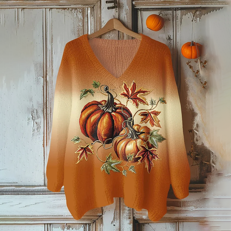 Fall Fall Harvest Pumpkin Floral Embroidered Cozy Knit V-Neck Sweater